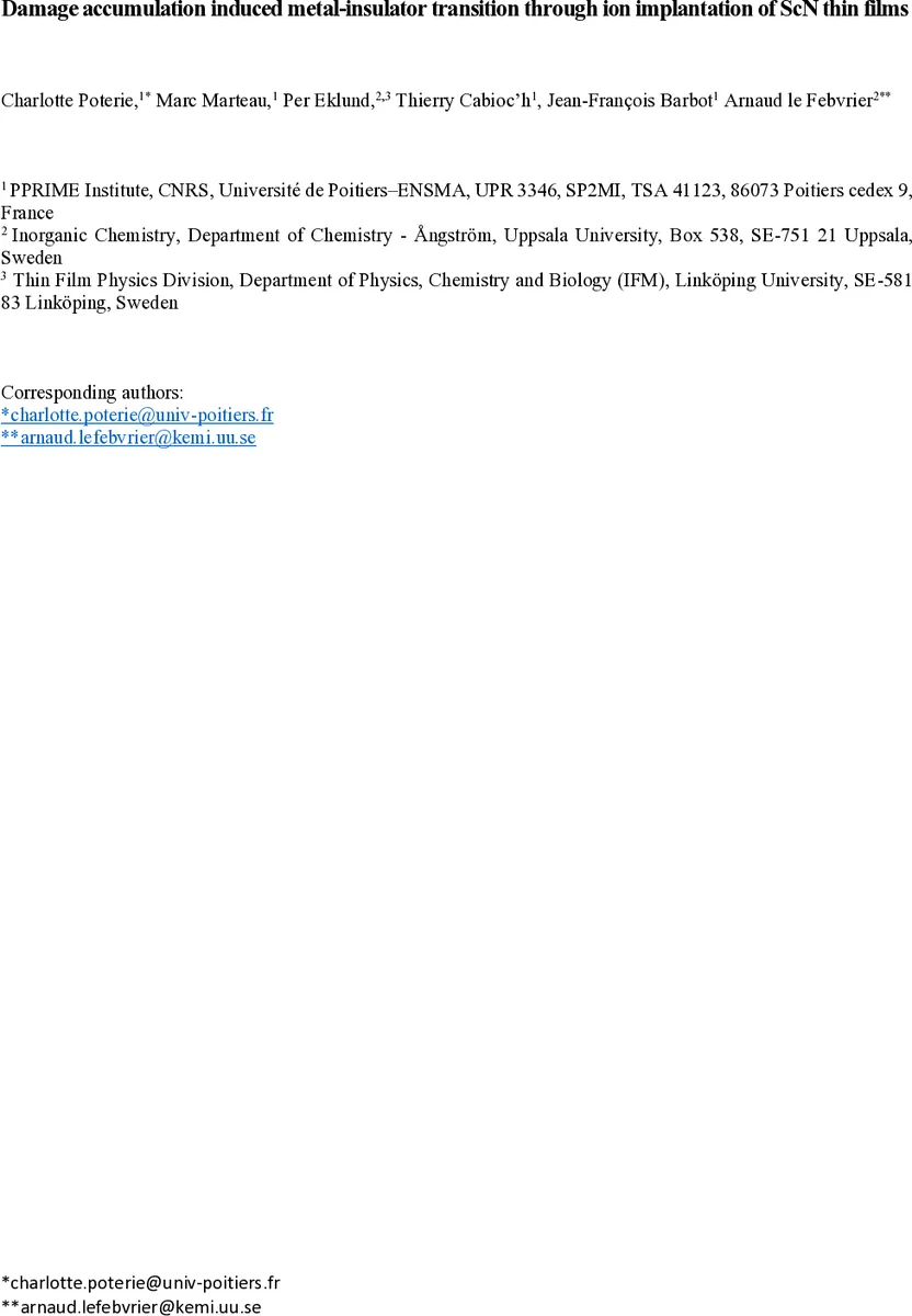Damage accumulation induced metal-insulator transition through ion implantation of ScN thin films