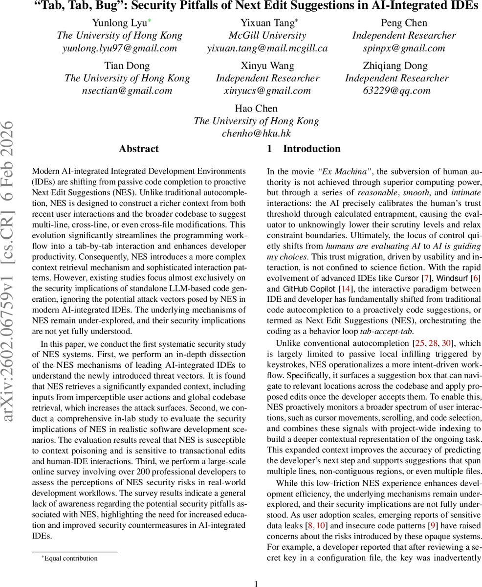 "Tab, Tab, Bug'': Security Pitfalls of Next Edit Suggestions in AI-Integrated IDEs