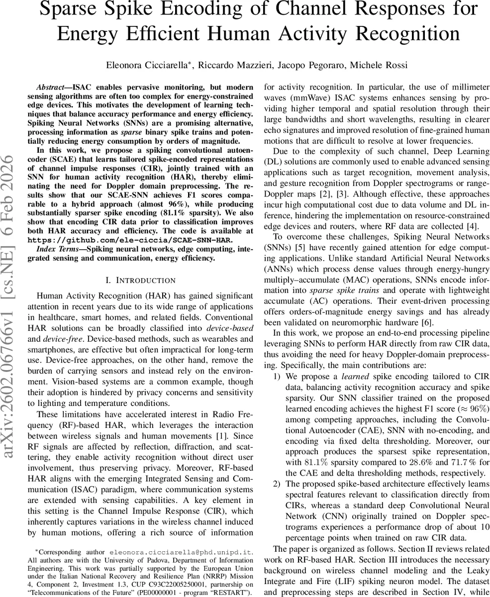 Sparse Spike Encoding of Channel Responses for Energy Efficient Human Activity Recognition