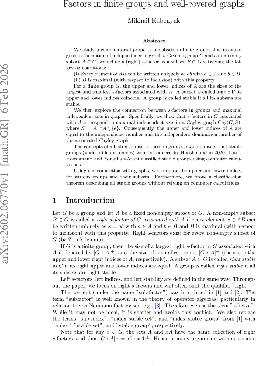 Factors in finite groups and well-covered graphs