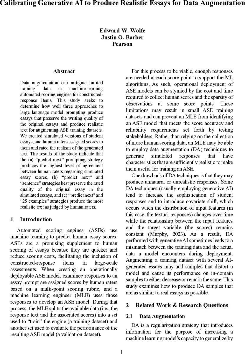 Calibrating Generative AI to Produce Realistic Essays for Data Augmentation