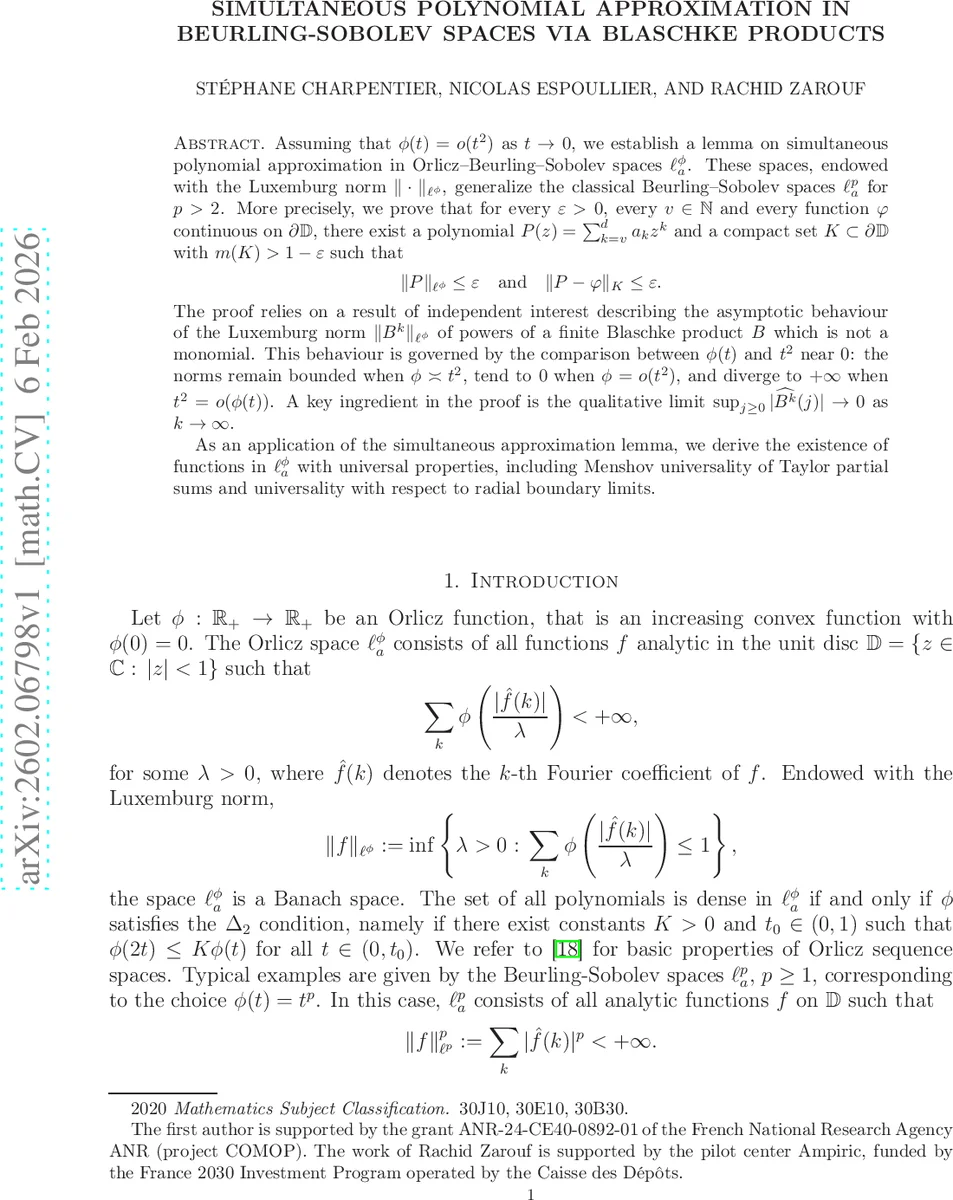 Simultaneous polynomial approximation in Beurling-Sobolev spaces via Blaschke products