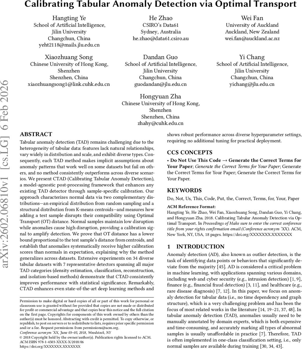 Calibrating Tabular Anomaly Detection via Optimal Transport
