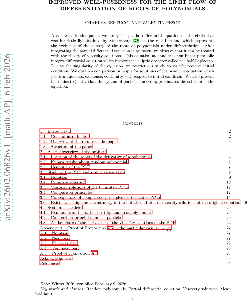 Improved well-posedness for the limit flow of differentiation of roots of polynomials