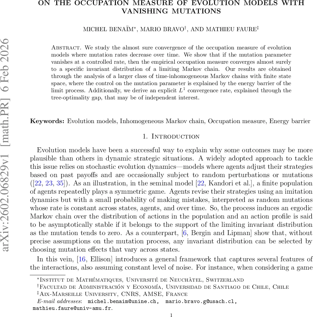 On the occupation measure of evolution models with vanishing mutations