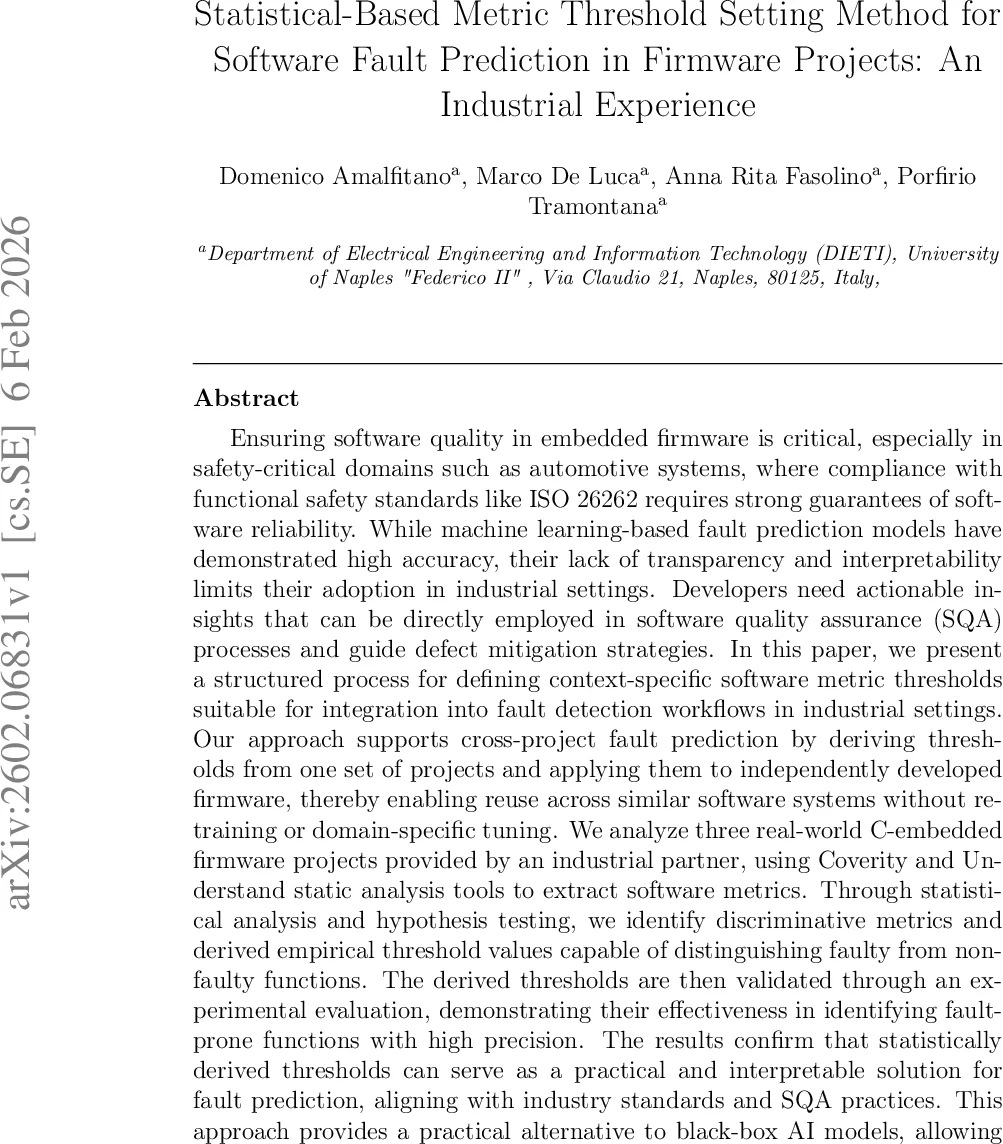 Statistical-Based Metric Threshold Setting Method for Software Fault Prediction in Firmware Projects: An Industrial Experience