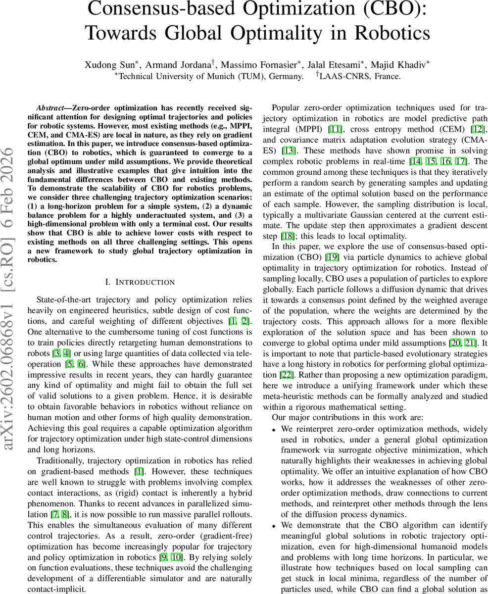 Consensus-based optimization (CBO): Towards Global Optimality in Robotics