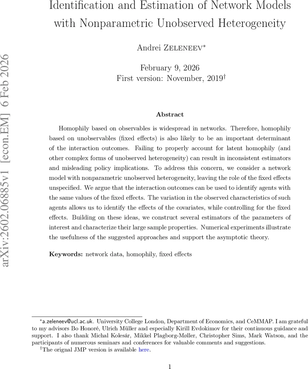 Identification and Estimation of Network Models with Nonparametric Unobserved Heterogeneity