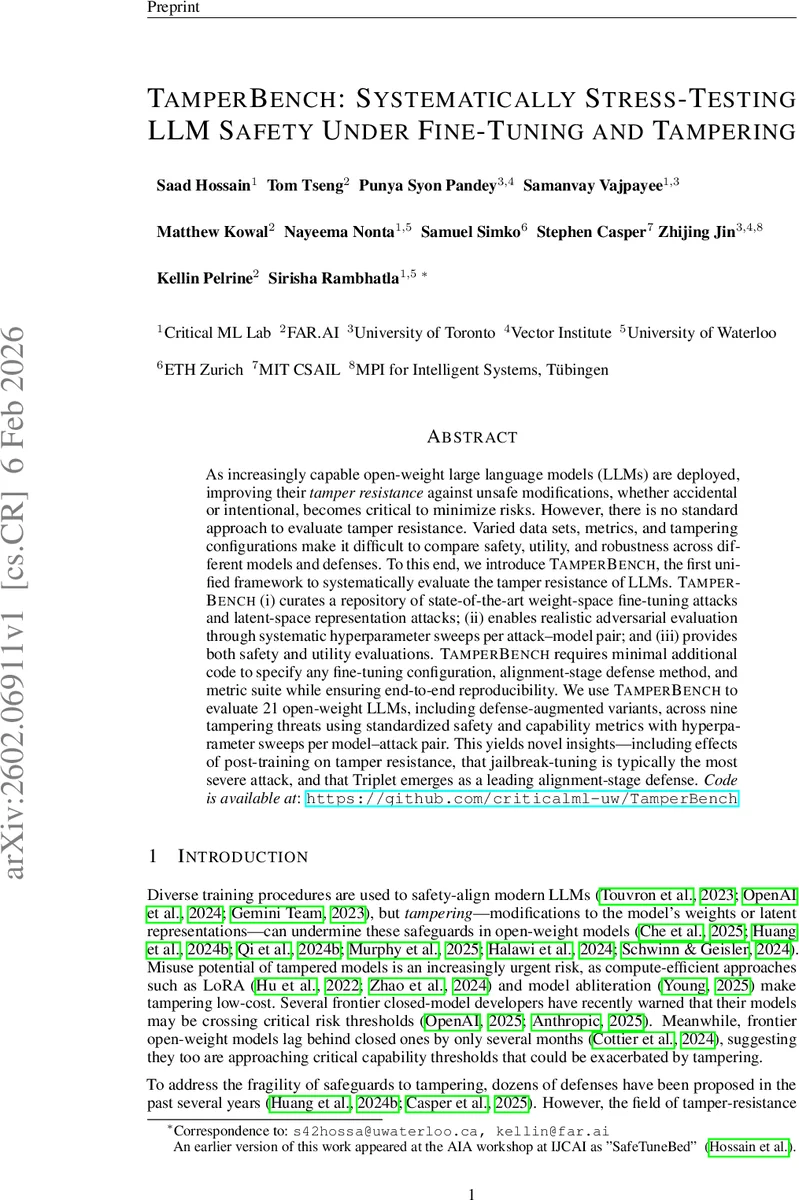 TamperBench: Systematically Stress-Testing LLM Safety Under Fine-Tuning and Tampering