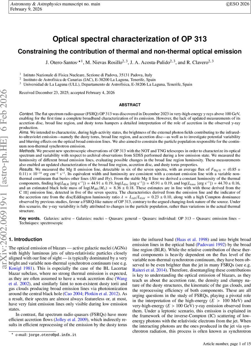 Optical spectral characterization of OP 313. Constraining the contribution of thermal and non-thermal optical emission