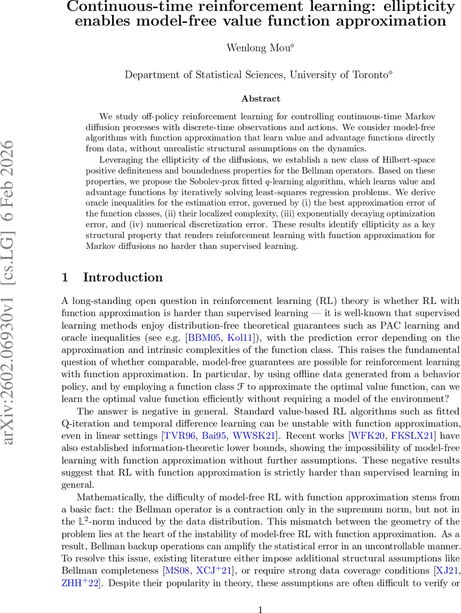 Continuous-time reinforcement learning: ellipticity enables model-free value function approximation