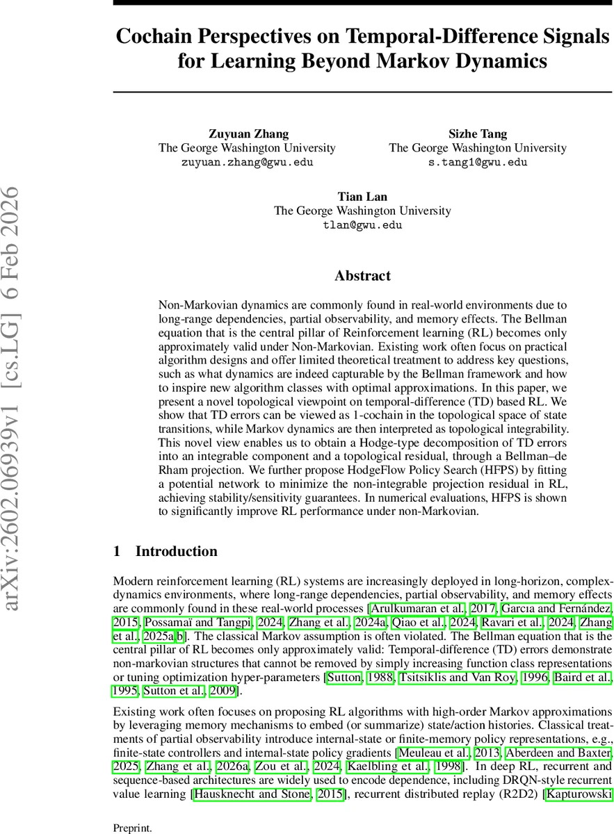 Cochain Perspectives on Temporal-Difference Signals for Learning Beyond Markov Dynamics