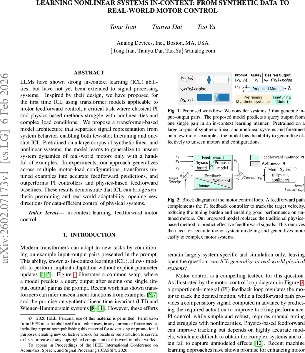 Learning Nonlinear Systems In-Context: From Synthetic Data to Real-World Motor Control