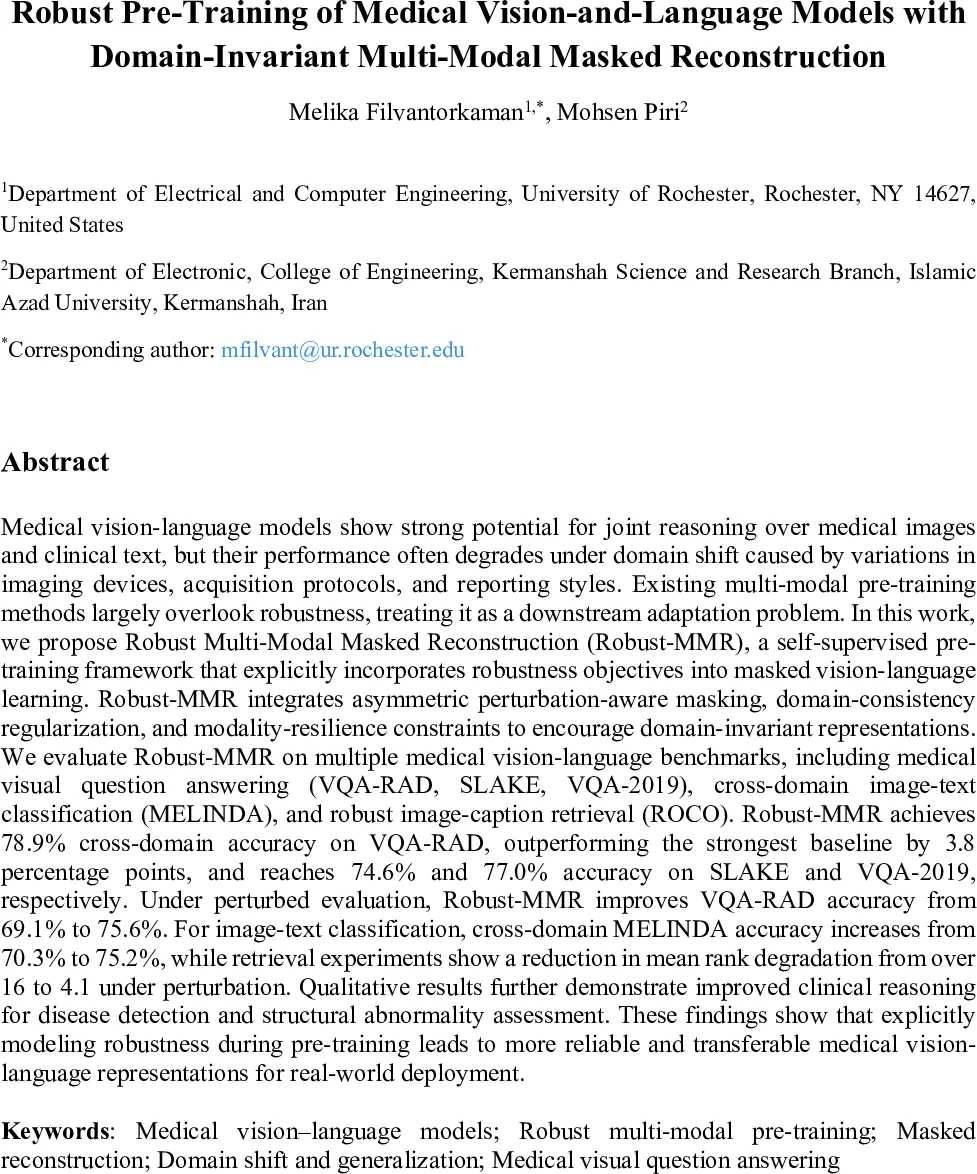 Robust Pre-Training of Medical Vision-and-Language Models with Domain-Invariant Multi-Modal Masked Reconstruction