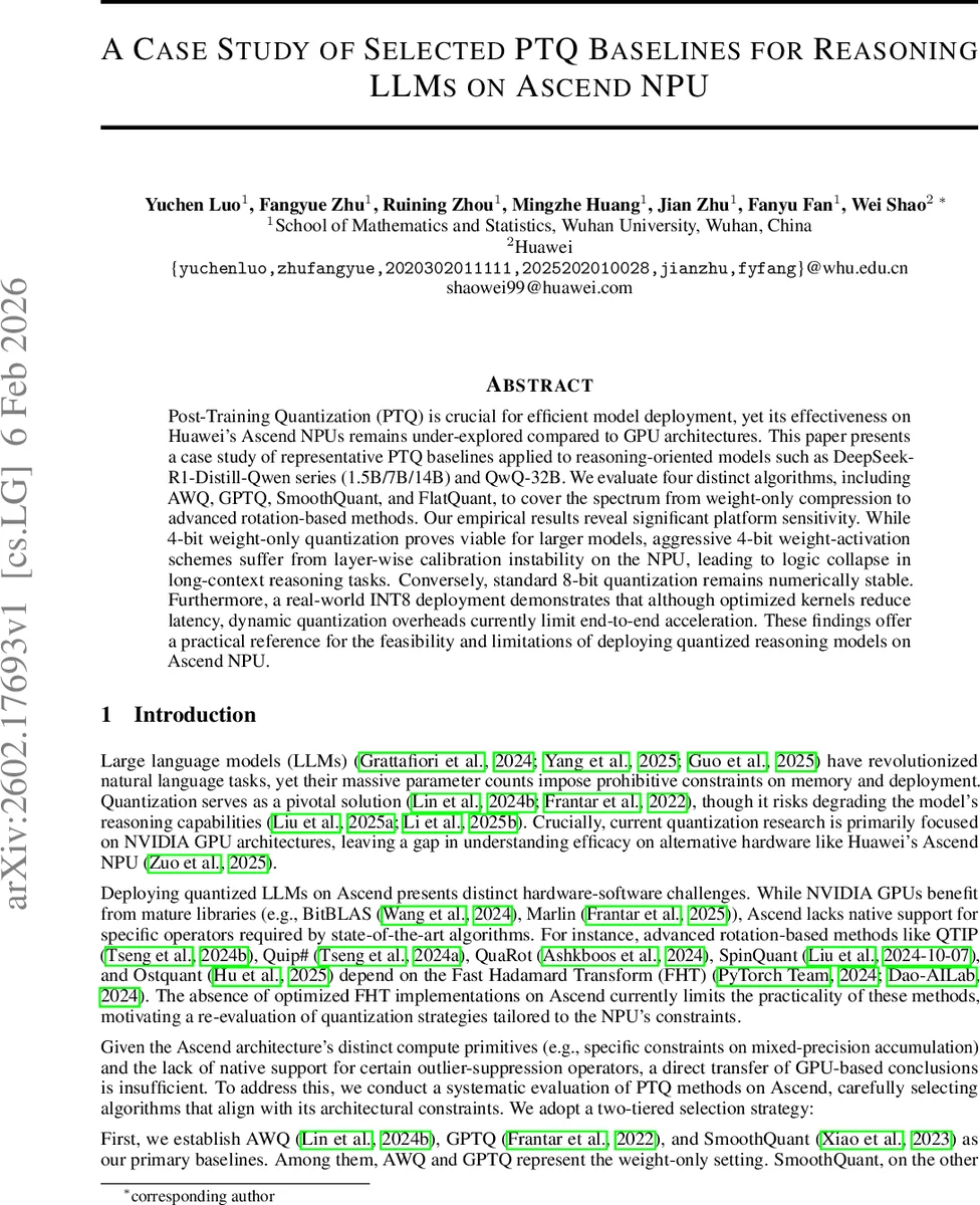 A Case Study of Selected PTQ Baselines for Reasoning LLMs on Ascend NPU