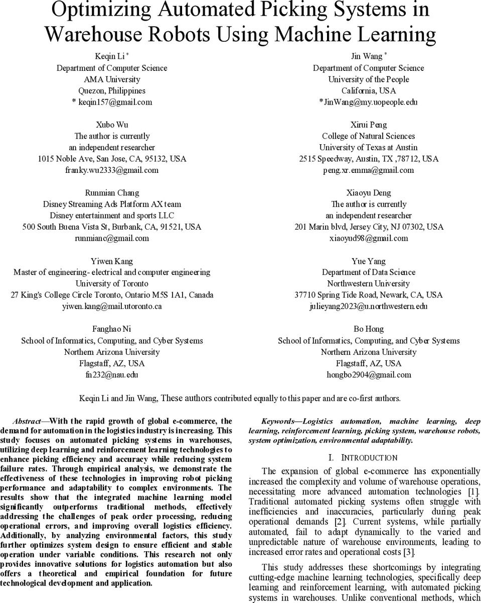 Optimizing Automated Picking Systems in Warehouse Robots Using Machine Learning