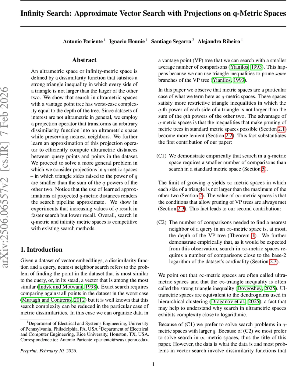 Infinity Search: Approximate Vector Search with Projections on q-Metric Spaces