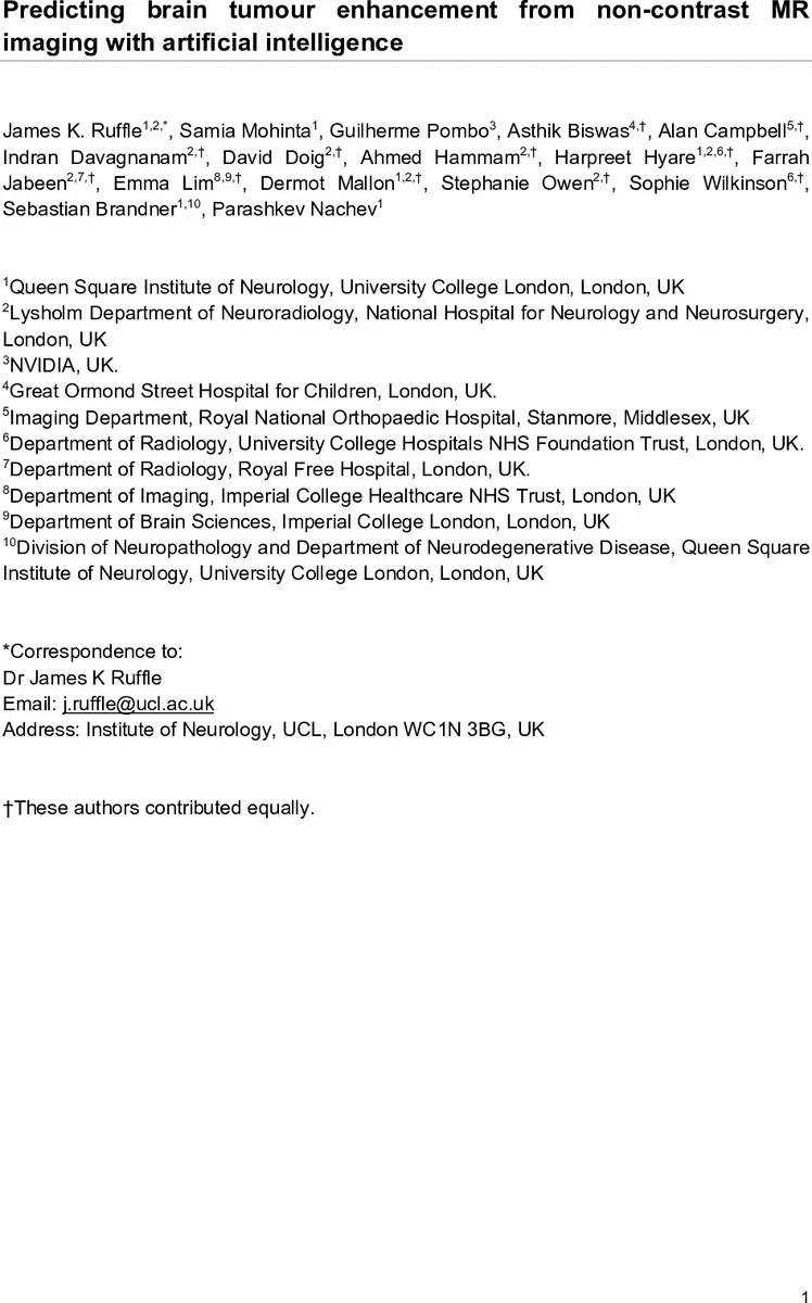 Predicting brain tumour enhancement from non-contrast MR imaging with artificial intelligence