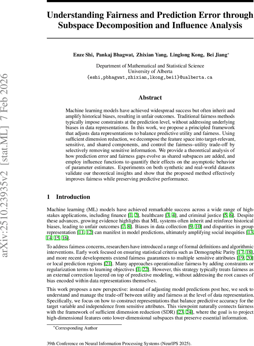 Understanding Fairness and Prediction Error through Subspace Decomposition and Influence Analysis