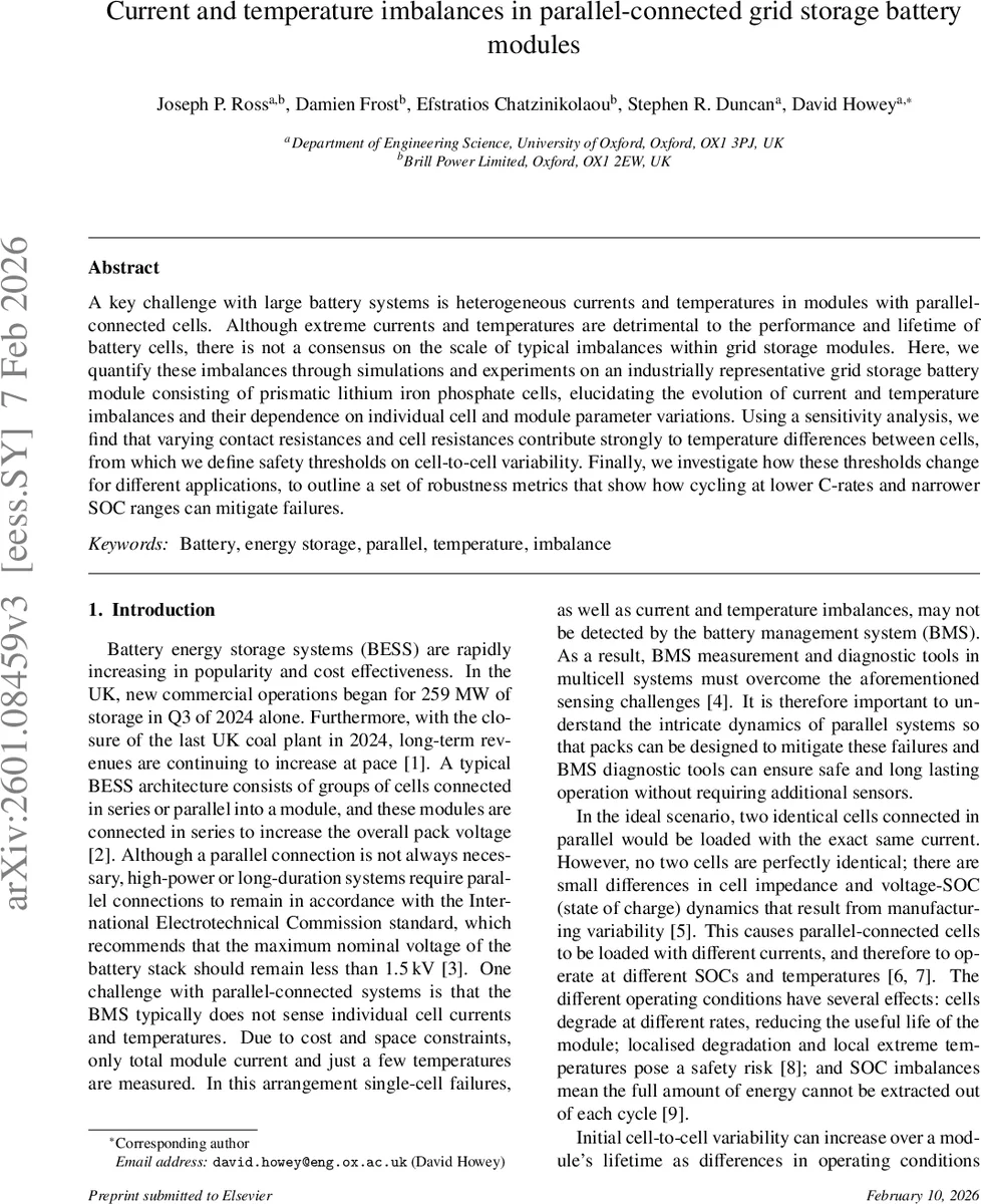 Current and temperature imbalances in parallel-connected grid storage battery modules