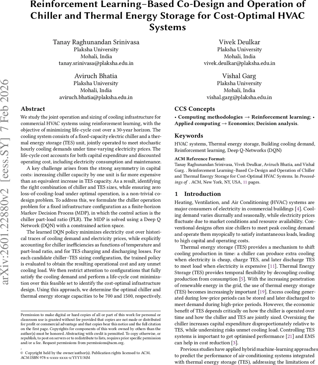 Reinforcement Learning-Based Co-Design and Operation of Chiller and Thermal Energy Storage for Cost-Optimal HVAC Systems