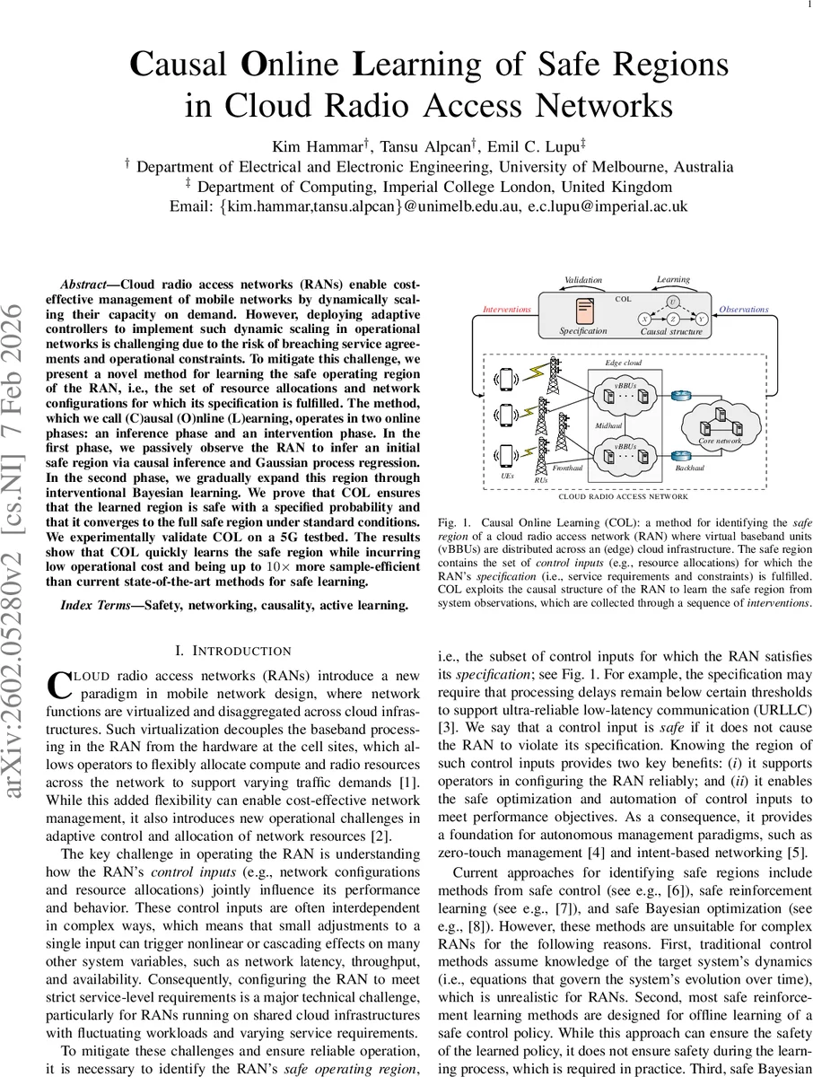 Causal Online Learning of Safe Regions in Cloud Radio Access Networks