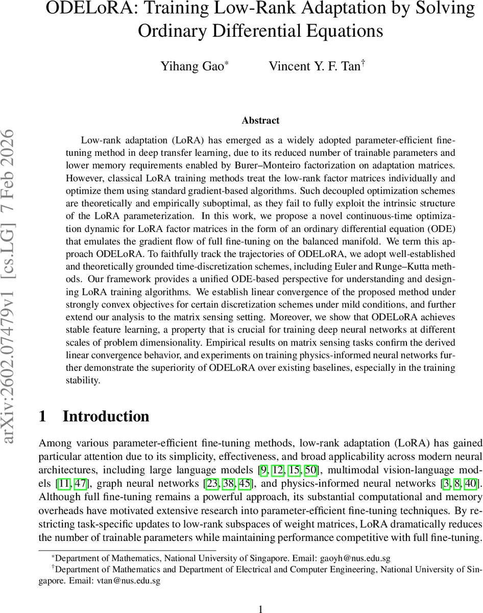 ODELoRA: Training Low-Rank Adaptation by Solving Ordinary Differential Equations