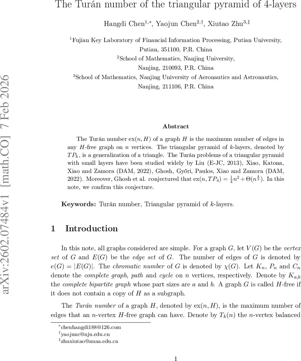 The Turán number of the triangular pyramid of 4-layers