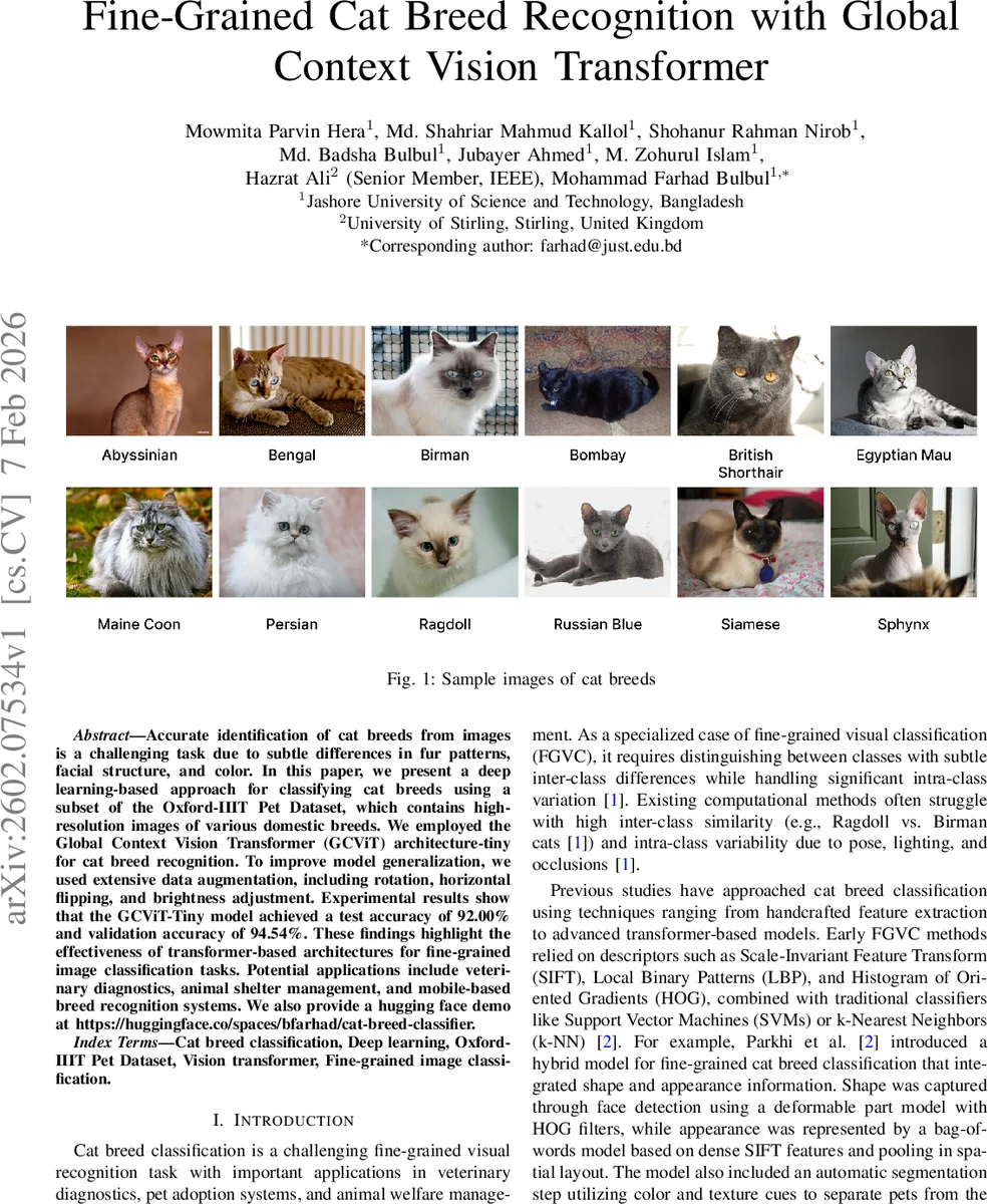 Fine-Grained Cat Breed Recognition with Global Context Vision Transformer