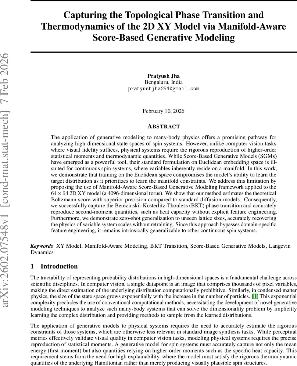 Capturing the Topological Phase Transition and Thermodynamics of the 2D XY Model via Manifold-Aware Score-Based Generative Modeling