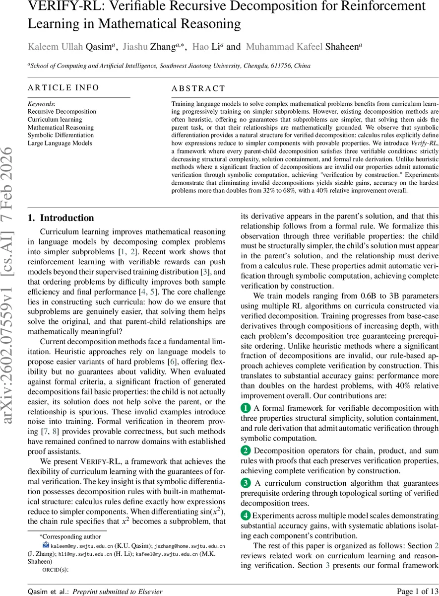 VERIFY-RL: Verifiable Recursive Decomposition for Reinforcement Learning in Mathematical Reasoning