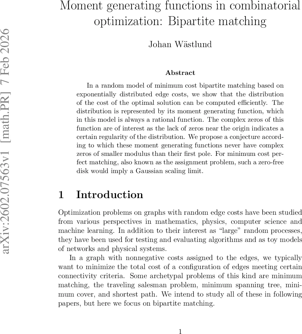 Moment generating functions in combinatorial optimization: Bipartite matching