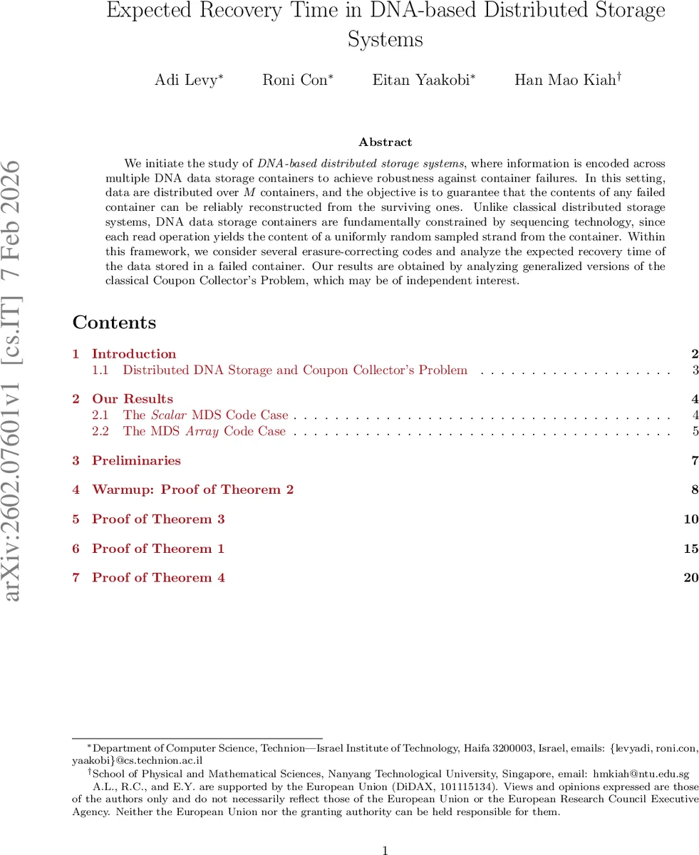 Expected Recovery Time in DNA-based Distributed Storage Systems