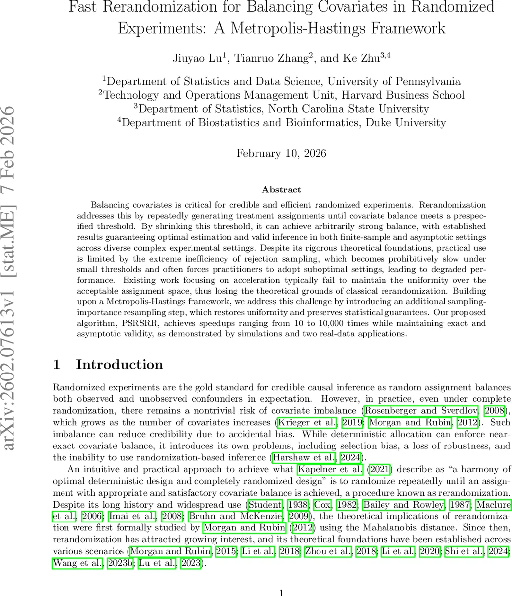 Fast Rerandomization for Balancing Covariates in Randomized Experiments: A Metropolis-Hastings Framework