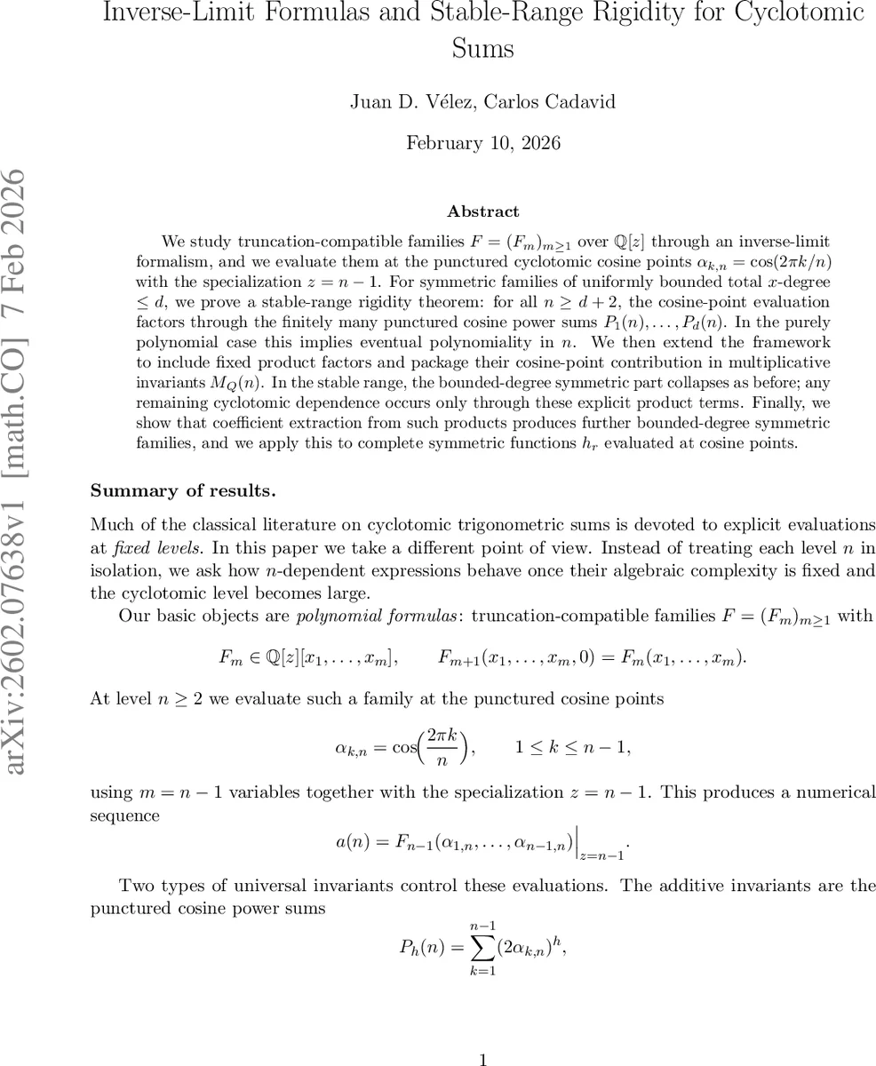 Inverse-Limit Formulas and Stable-Range Rigidity for Cyclotomic Sums
