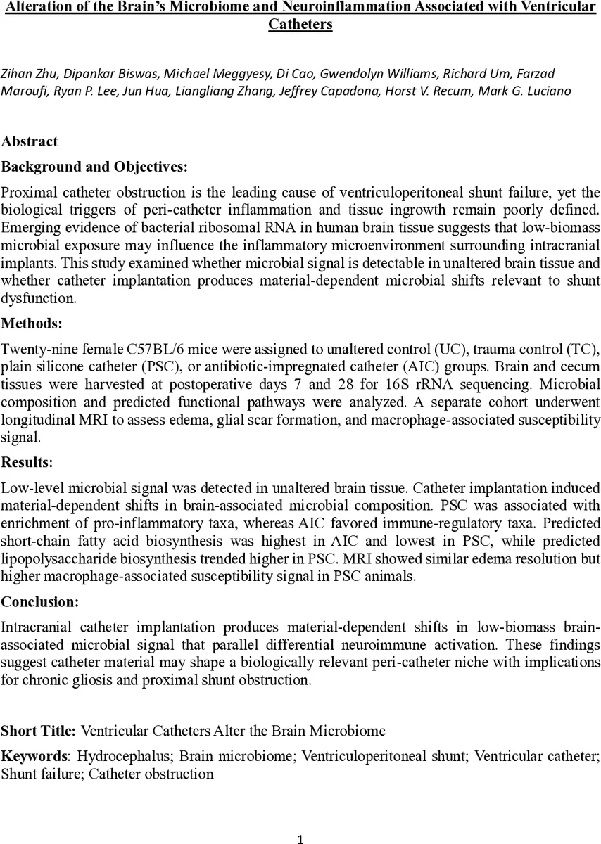 Alteration of the Brains Microbiome and Neuroinflammation Associated with Ventricular Catheters