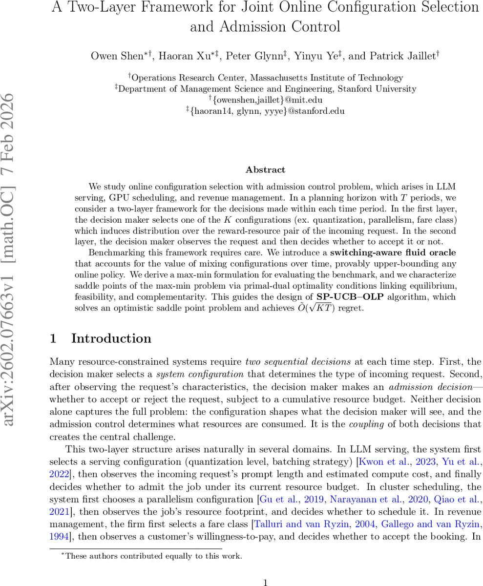 A Two-Layer Framework for Joint Online Configuration Selection and Admission Control