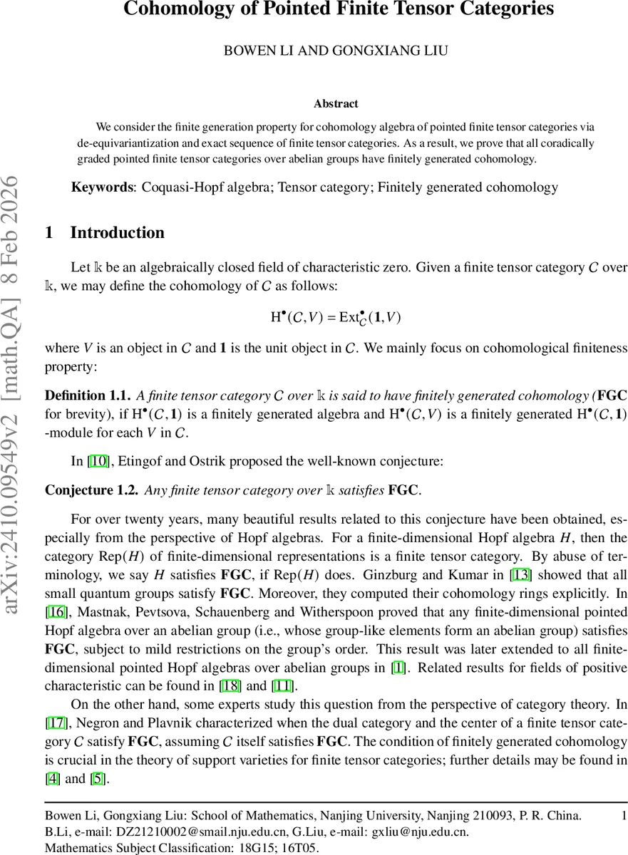 Cohomology of Pointed Finite Tensor Categories