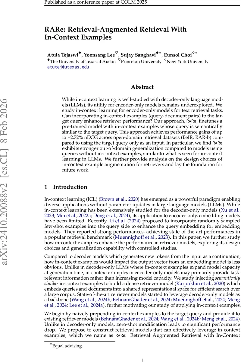 RARe: Retrieval Augmented Retrieval with In-Context Examples