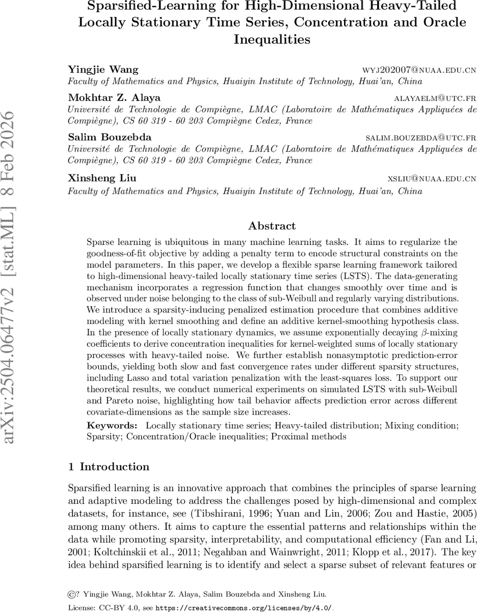Sparsified-Learning for High-Dimensional Heavy-Tailed Locally Stationary Time Series, Concentration and Oracle Inequalities