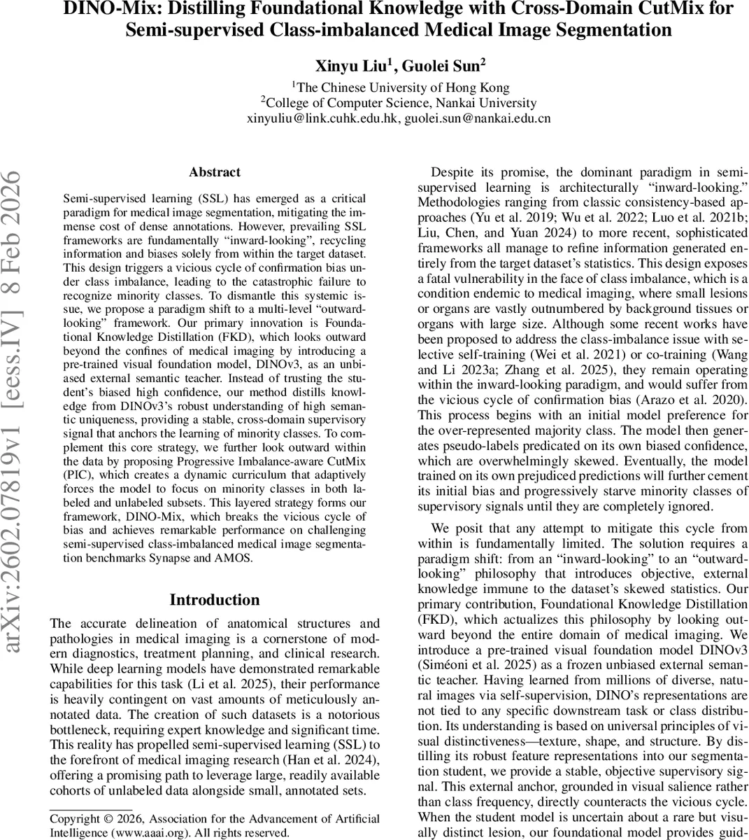 DINO-Mix: Distilling Foundational Knowledge with Cross-Domain CutMix for Semi-supervised Class-imbalanced Medical Image Segmentation