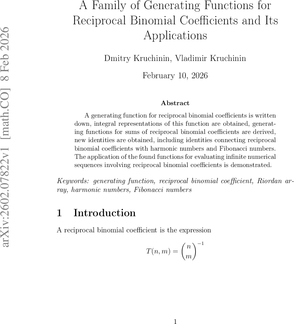 A Family of Generating Functions for Reciprocal Binomial Coefficients and Its Applications