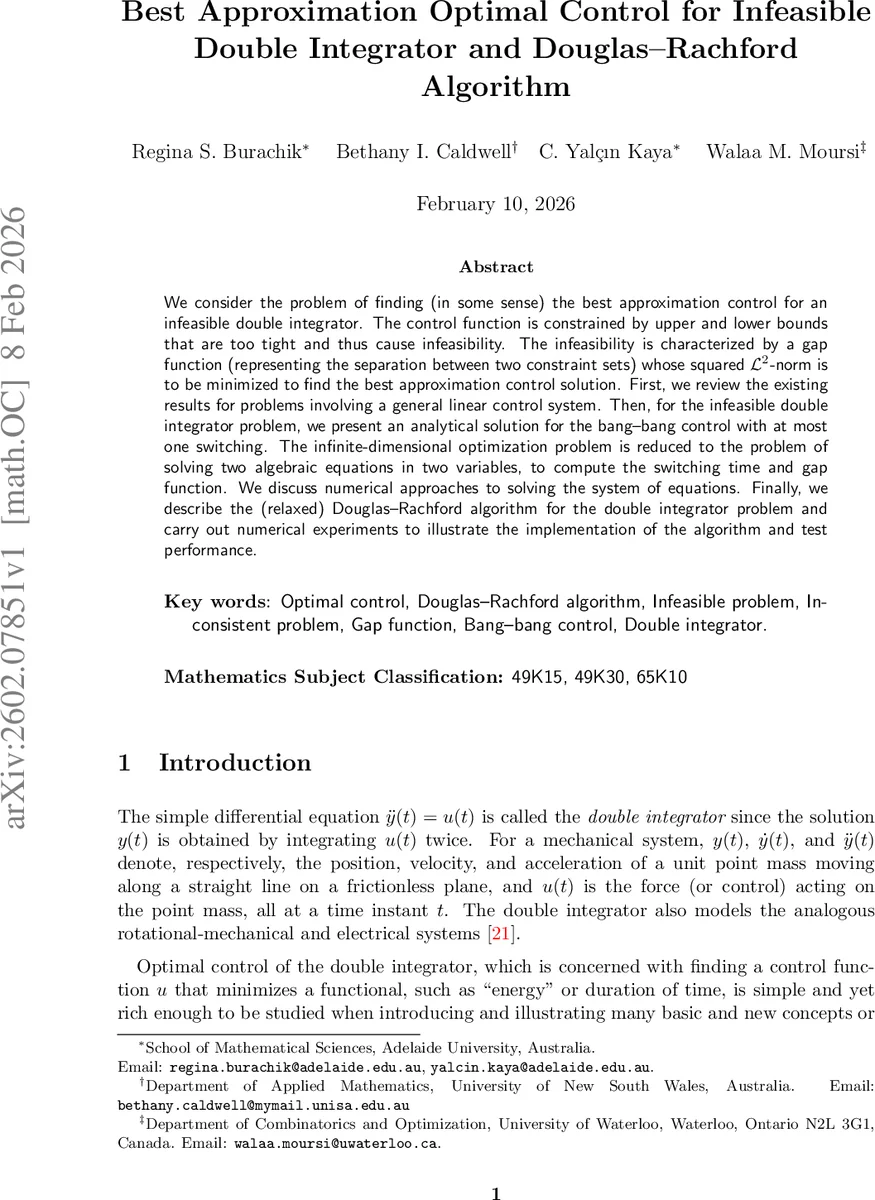 Best Approximation Optimal Control for Infeasible Double Integrator and Douglas--Rachford Algorithm