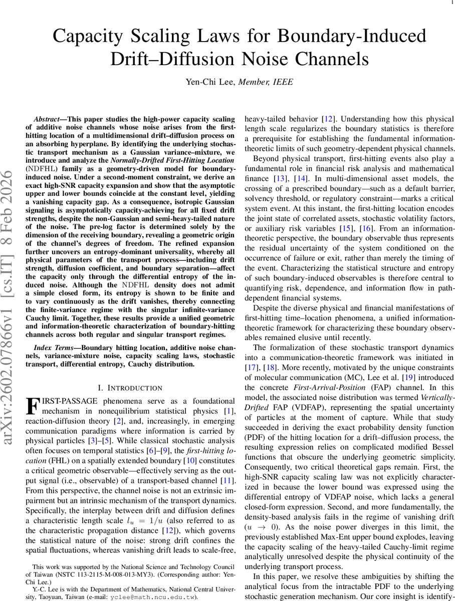 Capacity Scaling Laws for Boundary-Induced Drift-Diffusion Noise Channels