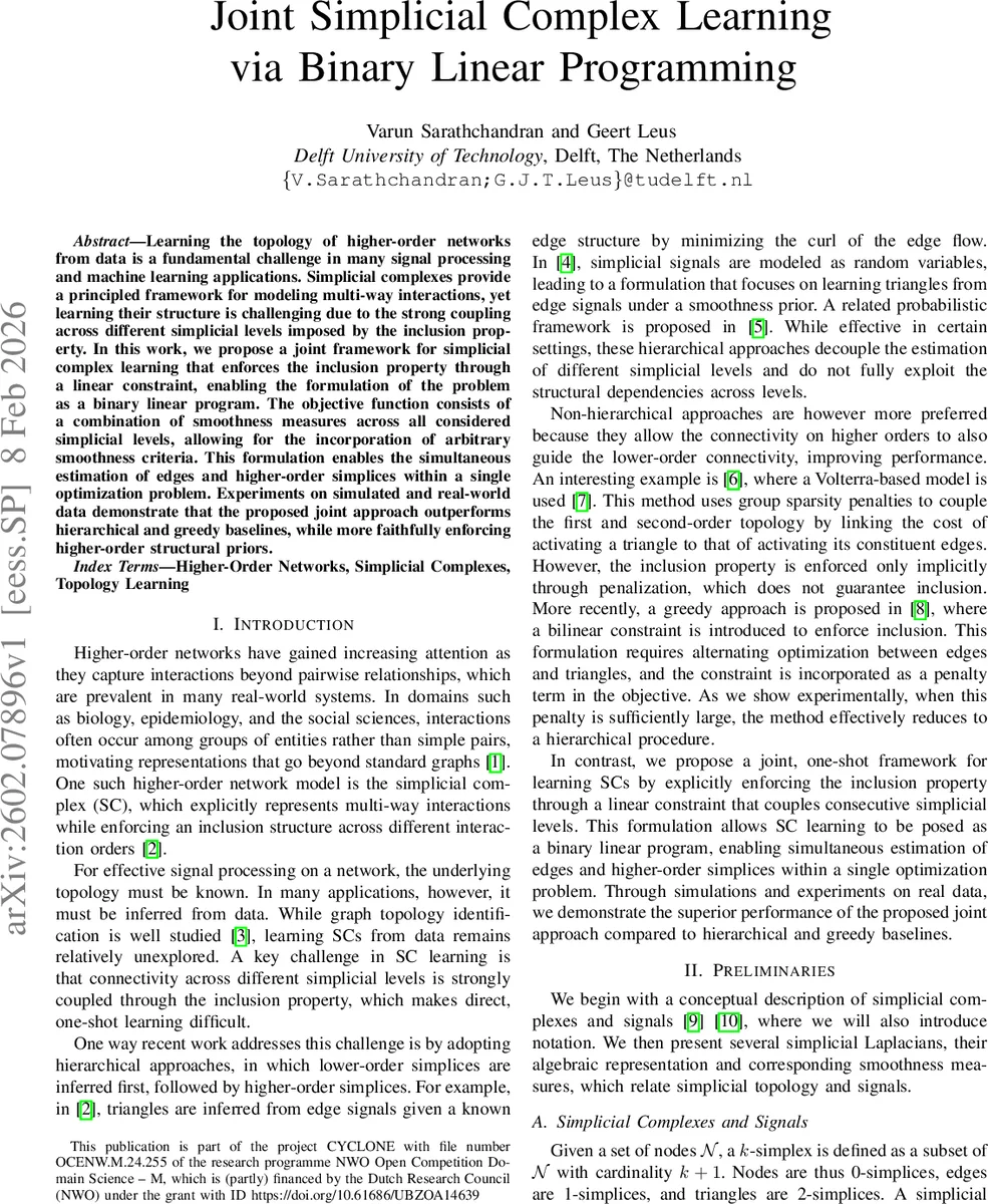 Joint Simplicial Complex Learning via Binary Linear Programming