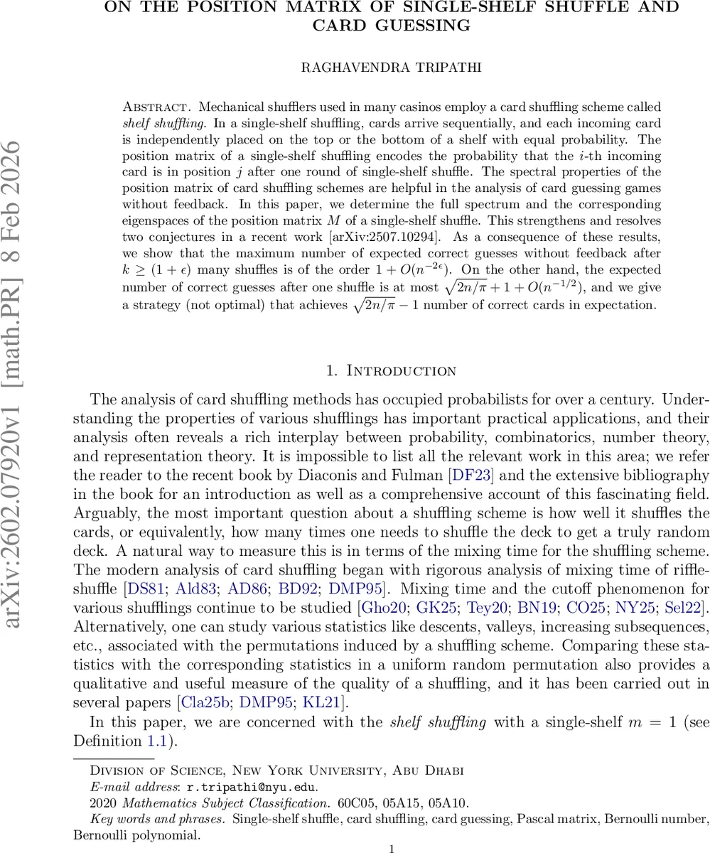 On the position matrix of single-shelf shuffle and card guessing