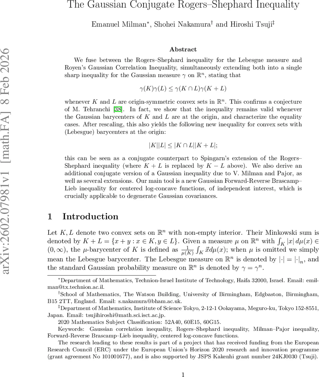 The Gaussian Conjugate Rogers-Shephard Inequality