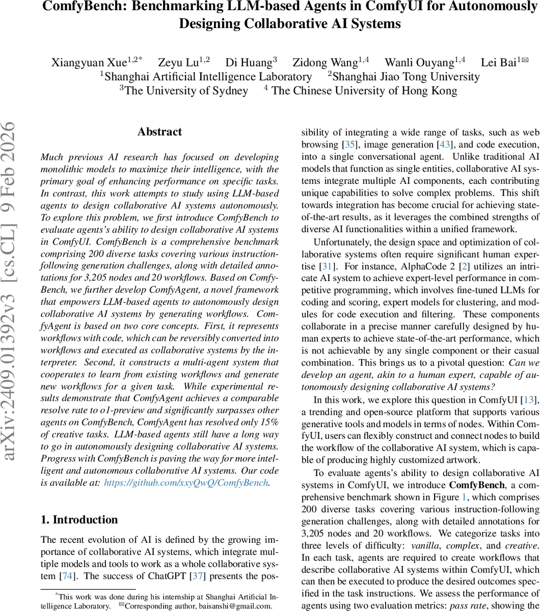ComfyBench: Benchmarking LLM-based Agents in ComfyUI for Autonomously Designing Collaborative AI Systems