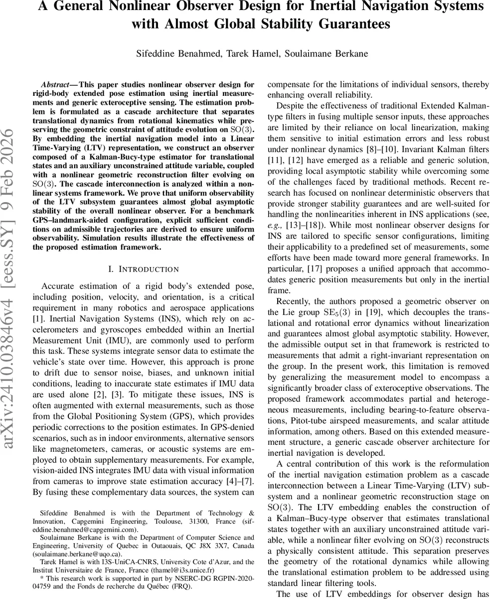 A General Nonlinear Observer Design for Inertial Navigation Systems with Almost Global Stability Guarantees