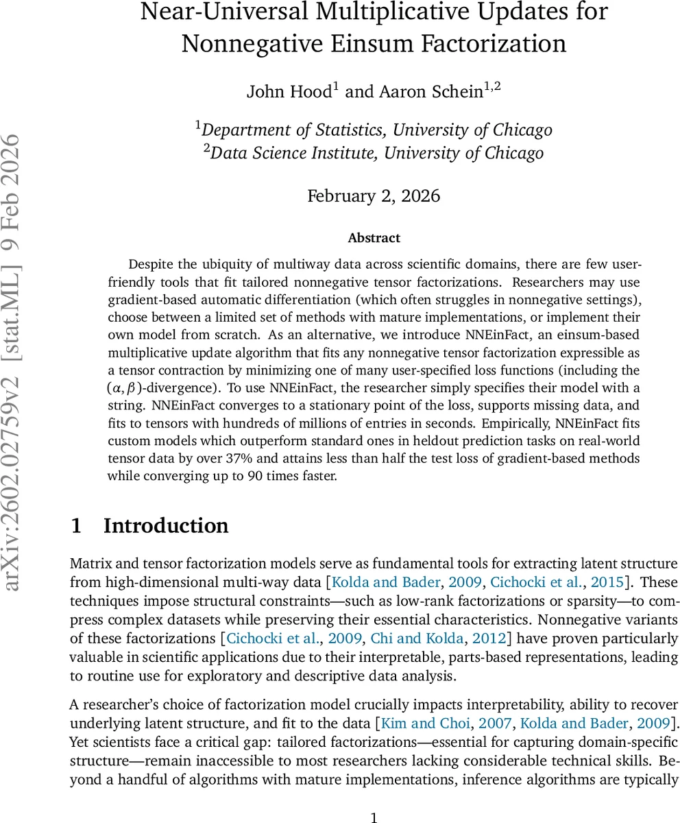 Near-Universal Multiplicative Updates for Nonnegative Einsum Factorization